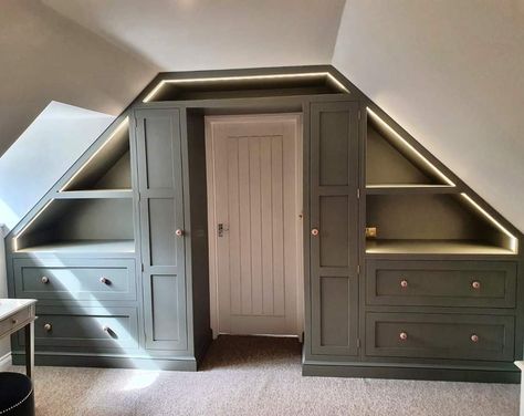 Eaves Bedroom Ideas, Attic Bedroom With Dormers, Small Loft Conversion Bedroom With Dorma, Attic Bedroom Built In Beds, Dormer Dressing Room, Under The Eaves Bedroom, Built In Bed Attic, Attic Conversion Walk In Wardrobe, Slanted Ceiling Bedroom Panelling