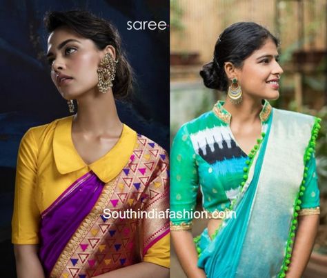 collar neck saree blouse designs Collar Blouse Pattern, Blouse Designs High Neck, Cotton Blouse Design, New Saree Blouse Designs, Sari Blouse Designs, Saree Blouse Patterns, Silk Saree Blouse Designs, Saree Designs Party Wear, Indian Gowns Dresses