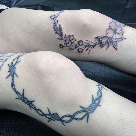 People With Tattoos, Tattoos Flowers, Knee Tattoos, Barbed Wire Tattoos, Grunge Tattoo, Special Tattoos, Barb Wire, Full Body Tattoo, Knee Tattoo