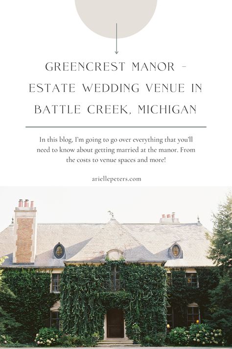 Looking for a beautiful estate wedding venue? Greencrest Manor in Battle Creek, Michigan is the perfect Michigan wedding venue. This blog will go over everything you need to know about your wedding at Greencrest Manor - from event spaces, the cost, it's history, and so much more! Book Arielle as your Michigan wedding photographer or to capture your Greencrest Manor wedding at ariellepeters.com! Greencrest Manor, Manor Estate, Tree Lined Driveway, Michigan Wedding Venues, Battle Creek, Manor Wedding, Michigan Wedding Photographer, Wedding Costs, Photography Education