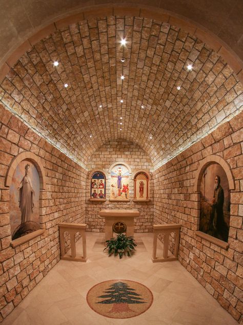 Maronite Chapel // This chapel, with an image of St Charbel on the right, is in the Basilica of the National Shrine of Immaculate Conception in Washington DC. // Photo: Lawrence OP Home Chapel Room, St Charbel Makhlouf, Home Chapel Ideas, Chapel Room In House, Home Chapel Catholic, Basilica Washington Dc, Italian Chapel, Catholic Architecture, Home Chapel