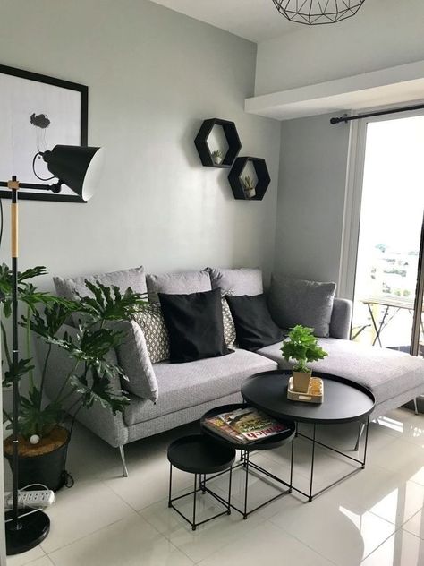 Grey White And Sage Living Room, Sage White Living Room, Home Decor With Grey Couch, Black White And Green Decor Living Room, Black White Grey Green Interior, Small Grey Sofa Living Room, Sage Black Living Room, Living Room Gray Black And White, Gray Couch Black Furniture