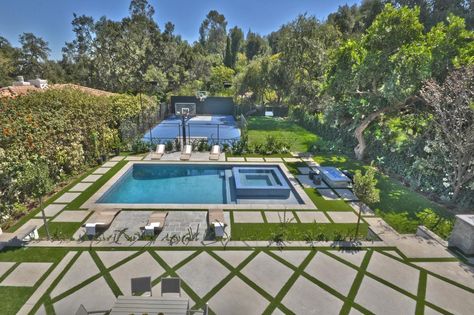 Tour a Cape Cod Estate in Encino, Calif. | HGTV.com's Ultimate House Hunt | HGTV Sunken Pool, Pool Lounges, Water Places, Basketball Court Backyard, Backyard Sports, Outdoor Basketball Court, Sports Court, Plunge Pools, Resort Style Pool