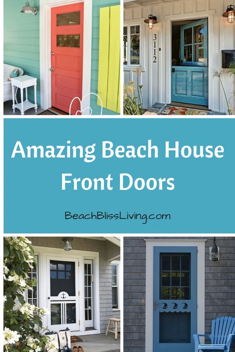 Beach House Doors Entrance, Beach House Color Palette Exterior, Beach Exterior Paint Colors, Beach Cottage Front Door, Beach House Front Doors, Beach House Door Colors, Coastal Door Colors, Beach House Front Door Colors, Beach Front House Exterior