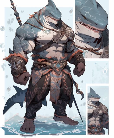 Shark Warrior Character Art, Shark Folk Dnd, Monster Shark Fantasy Art, Humanoid Shark Art, Dnd Sharkfolk, Shark People Art, Shark Man Oc, Poseidon Character Design, Shark Man Character Design