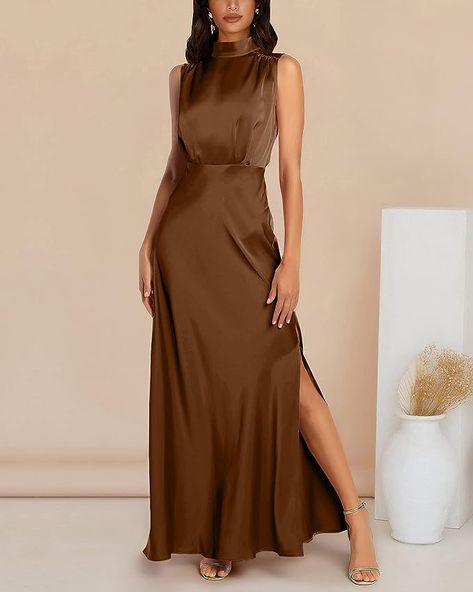 https://amzn.to/47wAcm0 Formal Satin Dress, Maxi Satin Dress, Mantel Outfit, Mockneck Dress, Loungewear Outfit, Tank Dresses, Dark Blue Dress, Dress Flowy, Split Maxi Dress