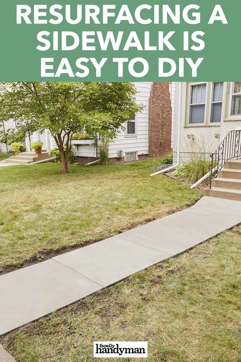 Inexpensive Sidewalk Ideas, Old Sidewalk Makeover, Resurface Concrete Walkway, Update Concrete Walkway, Diy Concrete Sidewalk, Sidewalk Update, Circle Walkway, Sidewalk Makeover, Diy Sidewalk