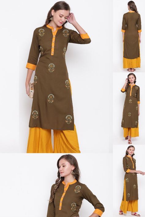 Top Color	Mehendi Green Bottom Color	Yellow Top Fabric	Rayon Bottom Fabric	Rayon Pattern	Embroidered Style	Straight Neck Style	Mandarin/chinese neck Sleeve Type	3/4 sleeve Length Type	Calf Length Length (In)	45 Occasion	party wear Customize	Readymade Set Contents	Kurti With Palazzo Set Care instruction	Dry Clean Only Time To dispatch	1-2 Days Color Neck Kurtis, Kurti With Palazzo, Straight Kurti, Palazzo Set, Green Bottom, Yellow Top, Top Fabric, Type 3, Sleeve Type