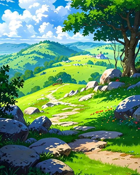 Serene view of an anime landscape, with a majestic tree standing tall surrounded by serene rocks, inviting you to immerse in nature's tranquility. 🌳 #PeacefulVibes . . Mobile Wallpaper Download Link In Bio Anime Tree, Manga Background, Landscape Anime, Serene View, Imaginary Landscapes, Anime Nature, Anime Landscape, Majestic Tree, Anime References