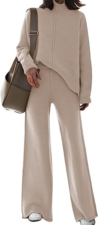 AOHITE Womens 2 Piece Outfit Set Long Sleeve Knit Pullover Sweater Top and Wide Leg Pants Sweatsuit Cashmere Lounge Set, Amazon Loungewear, Cruise Attire, High Neck Sweatshirt, Relaxed Outfit, Sweatsuit Set, Wide Leg Sweatpants, Loungewear Sets, Sweater Material