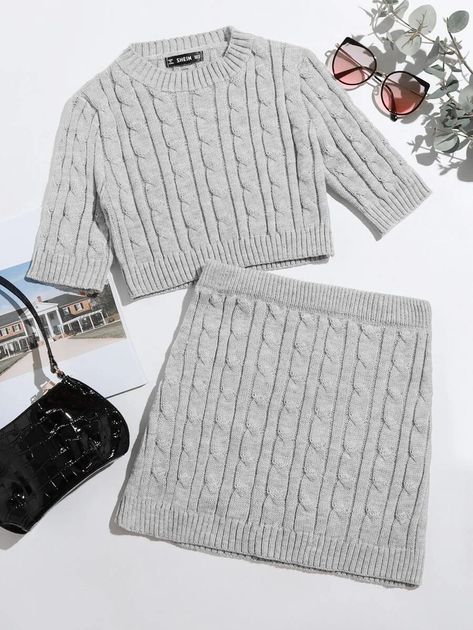 Knitted Cardigan Sweater, Plain Skirt, Clothing Packaging, Cable Knit Sweater Cardigan, Skirt Casual, Cute Dress Outfits, Clothing Sweaters, Top Skirt Set, Fall Sweater