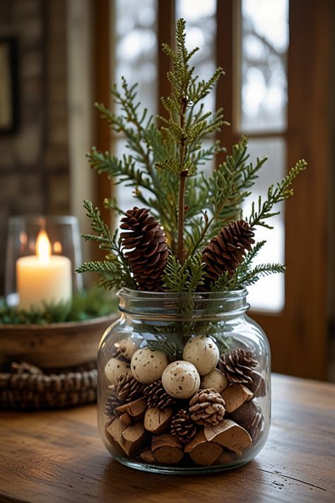 Natural Xmas Table Decorations, Natural Woodland Christmas Decorations, Earthy Christmas Table Decor, Rustic Vintage Christmas Decorations, Christmas Decoration Inside House, Christmas Log Centerpiece, Glass Jar Christmas Ideas, Christmas Decor Woodland, Christmas Birch Logs Decorating Ideas