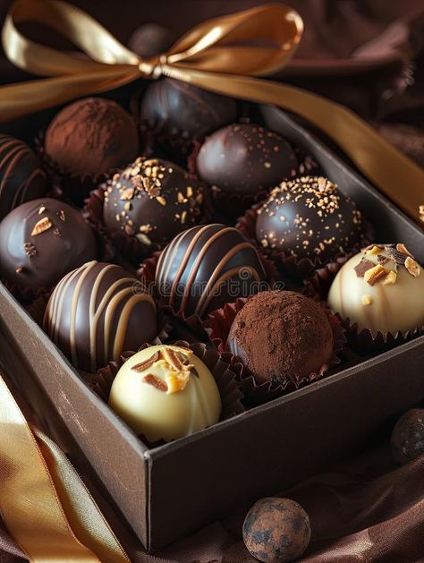 A luxurious box of assorted chocolate truffles, adorned with ribbons, placed on a table. Generative AI royalty free stock photos Christmas Truffles Photography, Chocolatier Aesthetic, Truffle Aesthetic, Expensive Chocolate, Christmas Truffles, Truffle Boxes, Chocolate Pictures, Chocolate Festival, Chocolate Boxes