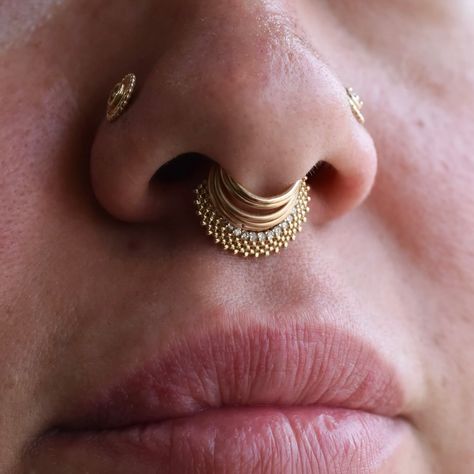 Have we got a fire curation for you 🔥🔥 Septum stacking creates a bold vibe and the perfect place to display your ring collection - Our friend Daysie here treated to the Majesty hinged ring from Tawapa to add to her stack of gold goodness ✨ Stacked Septum Ring, Septum Stack, Stacked Septum, Gold Septum, Piercing Inspo, Hinged Ring, Facial Piercings, Septum Jewelry, Ring Collection