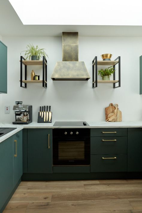 Modica Forest Green Kitchen Dark Green Kitchen Tiles, Wren Forest Green Kitchen, Forest Green Kitchen, Dark Green Kitchen Splashback, Forest Green Tiles Kitchen, Dark Green Kitchen Wooden Worktop, Green Metro Tiles Kitchen, Larder Storage, Green Kitchen Designs