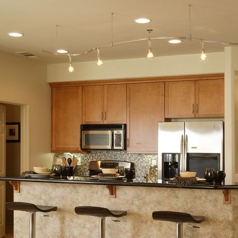 3 Types of Kitchen Track Lighting Kitchen Lighting Fixtures Track, Kitchen Track Lighting, Types Of Kitchen, Track Lighting Kitchen, Lights Over Kitchen Island, Curved Kitchen, Sloping Roof, Slanted Ceiling, Track Lighting Fixtures