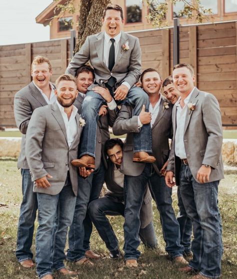 Jeans And Sports Coat Wedding, Dark Jeans Groomsmen, Grey Suit Jacket With Jeans Wedding, Big And Tall Groom Attire, Groomsmen Jeans And Jacket, Groomsmen With Jeans, Jeans Wedding Attire Groomsmen, Groomsmen Attire Jeans And Boots, All Black Groomsmen Attire