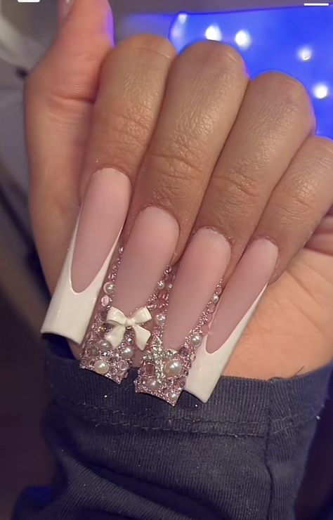 Bling Acrylic Nails With Initial, 16 Bday Nails, Rinstonestone Nails, Capricorn Nail Ideas, Gem French Tip Nails, Birthday Nail Inspo Acrylic, Name On Nails, 20th Birthday Nail Ideas, Pink And Silver Nail Designs