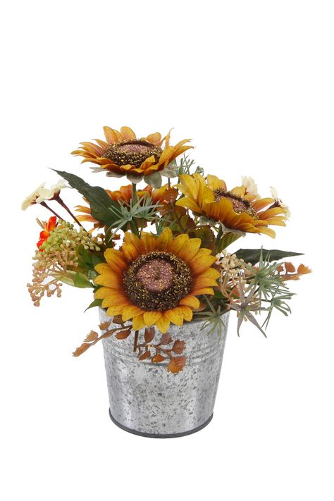 Tall Sunflowers, Sunflowers Garden, Sunflower Floral Arrangements, Tin Pots, Sunflower Arrangements, Pumpkin Arrangements, White Sunflowers, Foam Pumpkins, Sunflower Garden