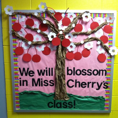 We will blossom in Miss Cherry's class! Cherry blossom (cherry tree) bulletin board! Cherry Blossom Bulletin Board, Tree Bulletin Board, Minion Classroom, Bulletin Board Tree, Holiday Bulletin Boards, Bullentin Boards, Blossom Cherry, Bulletin Board Ideas, Classroom Gifts