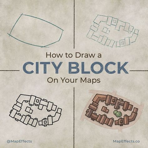 City maps can be a lot of fun to draw, but they come with their own unique set of challenges. It’s one thing to draw individual buildings that are completely isolated from one another; it’s another to draw a city block where everything is more mashed together. In this tutorial I’ll walk you through my process to sketching, inking, and finally coloring a city block so you can add them to your own fantasy maps! #mapeffects #howtodraw #fantasymaps #fantasy #tutorial #rpg #dungeonsanddragons How To Draw A City On A Map, How To Draw Cities On Fantasy Maps, Fantasy Land Map Drawing, Diy Map Drawing, Fantasy Map Art Ideas, Dnd Fantasy Map, Fantasy Map Tutorial, Fantasy Map Drawing Illustration, How To Make A Map