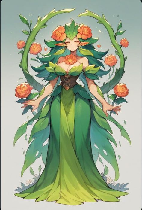 Mythical Plants Art, Goo Character Design, Dnd Plant Character, Orchid Character Design, Flower Person Character Design, Plant Monster Character Design, Mother Nature Character, Plant People Character Design, Earth Character Design