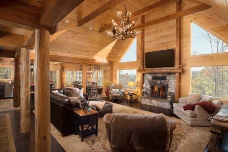 Log Home Flooring, Open Concept Great Room, Log Home Living, Timber Homes, Log Home Floor Plans, Timber Ceiling, Hunting Cabin, Cabin Floor Plans, Cabin House