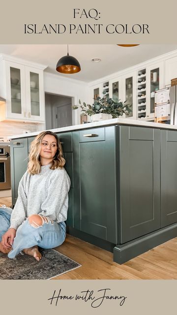 Dark Green Island, Muted Dark Green, Painted Kitchen Island, Green Kitchen Island, Dark Green Kitchen, White Island, Green Island, Home Design Diy, We Did It