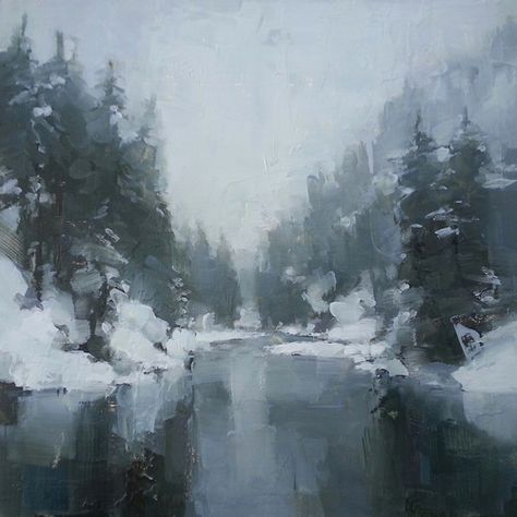 Land of Ice and Snow James Kroner Paintings, Snow Art Aesthetic, Snow Night Painting, Impressionist Winter Painting, Snow Painting Aesthetic, Oil Painting Snow Landscapes, Winter River Painting, Painting Snowy Mountains, Paintings Of Snow