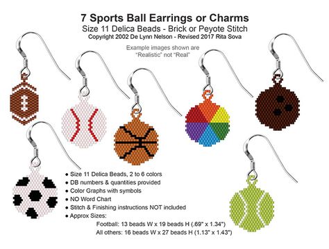 7 Sports Ball Earrings or Charms | Bead-Patterns.com Sports Earrings, Seed Bead Crafts, Jewerly Beads, Beading Patterns Free, Brick Stitch Earrings, Brick Stitch Pattern, Seed Bead Patterns, Bead Weaving Patterns, Ball Earrings