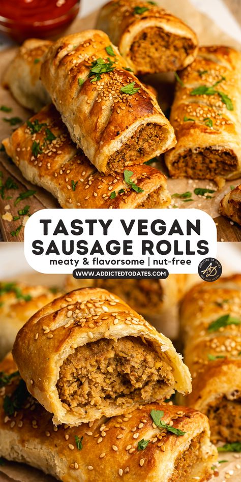 vegan sausage rolls with meaty filling, flaky puff pastry and a sprinkle of fresh herbs on top. Vegan Sausage Rolls Recipe, Vegan Savory Pastries, Vegan Puff Pastry Appetizers, Vegan Savory Snacks, Vegan Puff Pastry Recipes, Vegan Pasty, Vegan Pastry Recipes, Chickpea Filling, Sausage Snacks