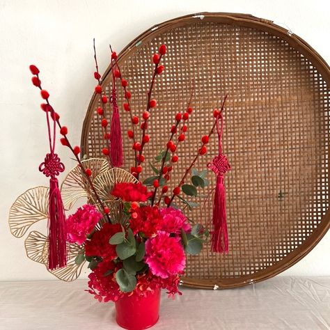 Chinese New Year tabletop arrangement of Carnations, Eucalyptus, Pussy Willow and Red Preserved Hydrangeas Chinese New Year Bouquet, Chinese New Year Floral Arrangement, Chinese Flower Arrangement, Chinese New Year Flower Arrangement, Korean Dinner, Cny 2024, Chinese New Year Flower, Hampers Box, Carnation Bouquet