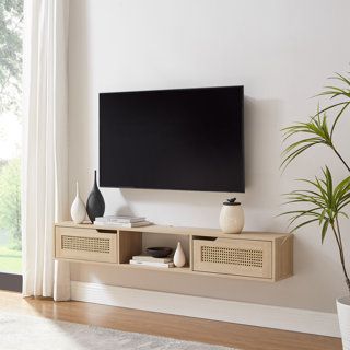 TV Stands & Entertainment Centres You'll Love - Wayfair Canada Farmhouse Floating Tv Stand, Floating Tv Stand Decor, Tv Console Shelf, Floating Shelves Living Room Mounted Tv, Floating Tv Stand Ideas, Tv Floating Shelves Ideas Tv Walls, Floating Shelf Tv Stand, Mounted Tv Ideas Living Rooms, Wall Mount Tv Shelf