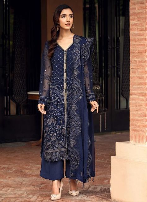 Prussian Embroidered Pakistani Salwar Kameez Blue Pakistani Dress, How To Style Culottes, Party Wear Salwar Kameez, Party Wear Salwar, Blue Colour Dress, Pakistani Clothes Online, Asian Designers, Dress Name, Elegant Attire