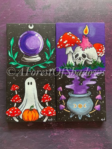 This is a hand painted mini canvas by A Forest of Shadows.  Choose from 4 witchy, spooky Halloween designs!  Each canvas comes with a mini wooden easel with which to display.  Measures approx 10cm X 10cm. Please note only ONE canvas is supplied per transaction and NOT all four! Cute Spooky Home Decor, Mini Paintings Halloween, Halloween Painting With A Twist, Spooky Paint And Sip, Pink Mini Canvas Paintings, Small Halloween Canvas Paintings, Witchy Canvas Painting Ideas, Paint Pen Ideas On Canvas, Sellable Art Ideas