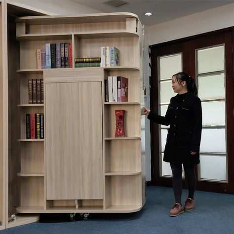 Rotating Murphy Bed, Murphy Bed Bookcase, Roll Out Bed, Hidden Wall Bed, Murphy Wall Bed, Single Apartment, Murphy Wall Beds, Room Design Modern, Concrete Patio Designs