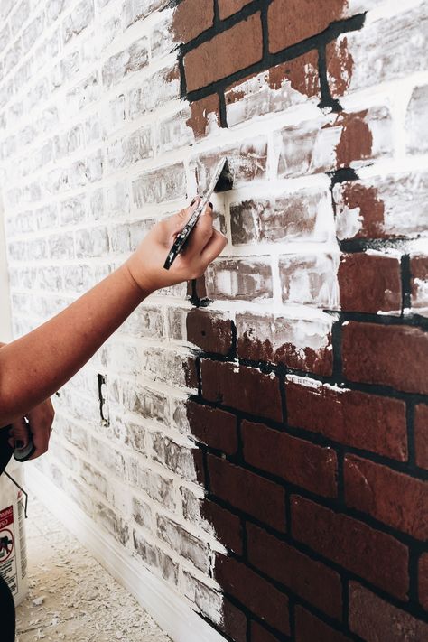 Fake Brick Wall, Diy Faux Brick Wall, Diy Brick Wall, German Schmear, Fake Brick, Faux Brick Wall, Guest Bathroom Renovation, Brick Wall Paneling, Faux Brick Panels