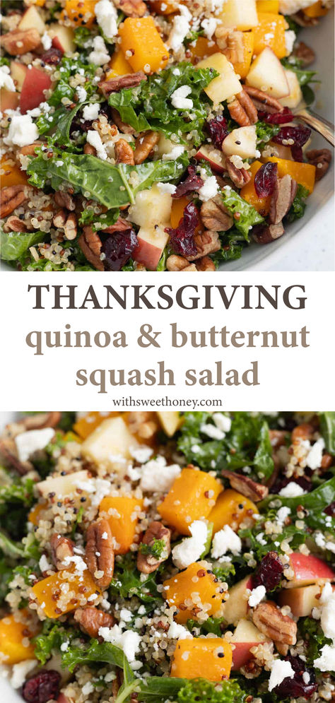 This cozy Butternut Squash and Quinoa Salad will leave you satisfied and feeling great. It makes for an easy side salad at Thanksgiving or holiday gathering. It is also perfect for meal prep and lunch throughout the week. Made with a few simple ingredients that are both easy to prepare and nutritious! This quinoa salad is gluten free and can be easily made dairy free by omitting the feta cheese. #thanksgivingrecipe #thanksgivingsalad #healthysalad #fallsalad Quinoa Thanksgiving Salad, Harvest Salad With Quinoa And Butternut Squash, Butternut Squash Lunch, Squash Quinoa Salad, Arugula Salad With Butternut Squash, Butternut Squash And Quinoa, Butternut Squash Apple Salad, Butternut Feta Salad, Autumn Butternut Squash Salad