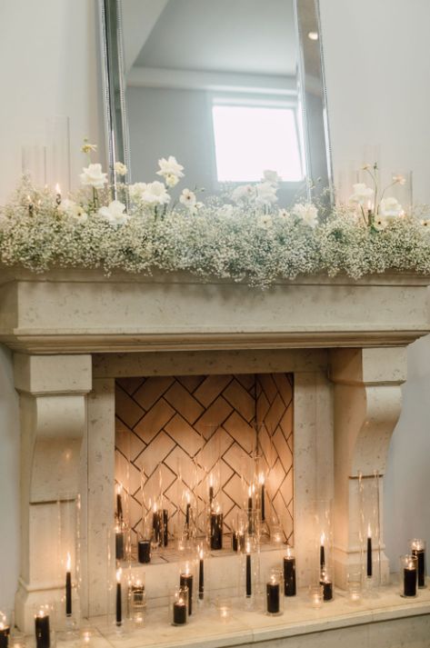 Photo By: Lydia Ruth Photography Flower Mantle Decor, Wedding Mantel Decor, Fireplace Florals, Mantle Garland, Wedding Altars, Wedding Money, Wedding 2025, Fireplace Ideas, Floral Inspiration