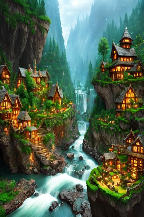 Explore the magic of the Elf Village on the Edge of the River Cliffs in this enchanting piece of fantasy art. Immerse yourself in the peaceful landscape and discover the hidden beauty of the forest. Elf World Fantasy Art, Fantasy Village Layout, River Village Fantasy Art, Magic Village Art, River Town Fantasy Art, Hidden City Fantasy Art, Fantasy Forest Village Aesthetic, Fantasy River Village, Forest Town Fantasy Art