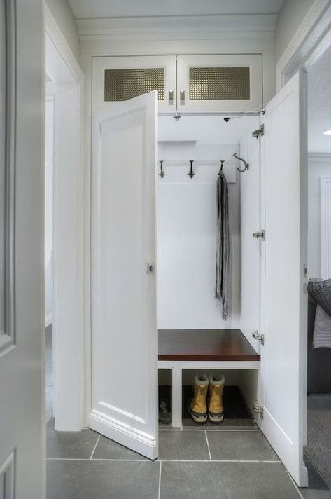 Concealed small hallway mudroom | Braams Custom Cabinets Hallway Coat Storage, Entryway Bench Ideas, Coat Cupboard, Boot Room Utility, Hallway Cupboards, Bench Makeover, Small Utility Room, Utility Room Designs, Diy Entryway Bench