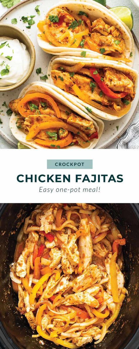 Crockpot Chicken Fajitas (great weeknight din!) - Fit Foodie Finds Crockpot Fajita Chicken, Crockpot Chicken Fajita Recipes, Fajitas Crockpot, Frozen Chicken Crockpot, Slow Cooker Tikka Masala, Easy Fajita Recipe, Fajita Veggies, Crockpot Meat, Chicken Fajitas Crockpot