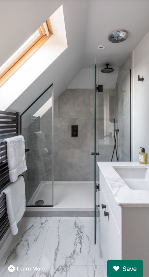 Ensuite Bathroom Ideas Attic, En Suite Attic Bathroom, Sloping Bathroom Ideas, Attic Wet Room Slanted Ceiling, Bathroom In Eaves Small Spaces, Attic En Suite, Small Attic Bathroom Sloped Ceiling Master Bedrooms, Bathroom Slanted Roof, Bathrooms With Pitched Ceilings