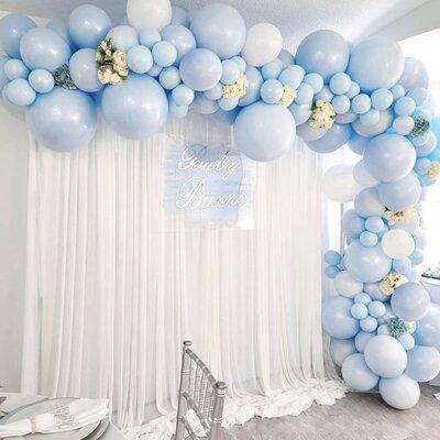 Balloon Set Up Birthday Parties, Pastel Blue Birthday Decorations, Baby Blue Birthday Theme, Light Blue And White Birthday Theme, Light Blue Themed Birthday Party, Baby Blue Birthday Party Decorations, Baby Blue Party Decorations, Light Blue Birthday Party Decorations, Blue Theme Birthday Party Decorations