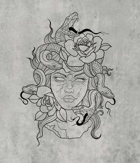 Small Medusa Tattoo With Flowers, Medusa Tattoo Flowers, Medusa With Flowers Tattoo, Medusa Tattoo Sketch, Medusa Tattoo Stencil, Cute Thigh Tattoos, Medusa Tattoo Design, Medusa Art, Tattoo Outline Drawing