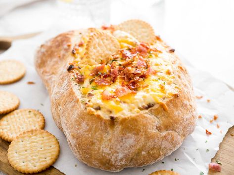 Cheese Dip In Bread Bowl, Cheese Onion Dip, Dip In Bread Bowl, Bacon Cheese Dip, Bread Bowl Dip, Bacon Cheese Dips, Caramelized Onion Dip, Bacon Appetizers, Bacon And Cheese