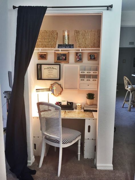 Diy Closet Nook, Nook Desk, Desk Closet, Closet Nook, Closet Desk, Tiny Home Office, Home Office Closet, Office Closet, Tiny Office