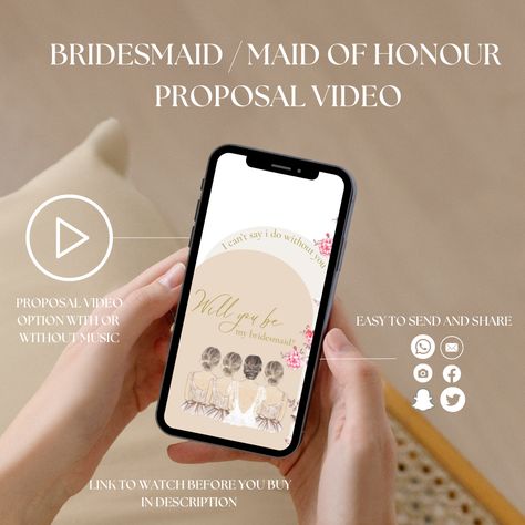 Digital Bridesmaid Proposal and Maid of Honour Proposal Videos.

One of a kind digital Bridesmaid and Maid of Honour Proposal Video.
Be unique and amaze your loved ones with a special video.

This listing is for a digital MP4 file. The video can be downloaded instantly and includes animation and music and is approximately 10 seconds long. Proposal Video, Aesthetic Notebooks, Proposal Videos, Wedding Invitation Video, Wedding Proposals, Maid Of Honour, Electronic Invitations, Bridesmaid Cards, Will You Be My Bridesmaid