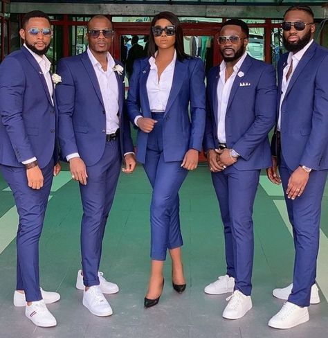 Best Man Outfit Wedding, Bridesmaid Pantsuit, Fire Fashion, Groom Squad, Best Man's Outfit, African Bridesmaid Dresses, Wedding Glam, Blue Suit Wedding, Caribbean Wedding