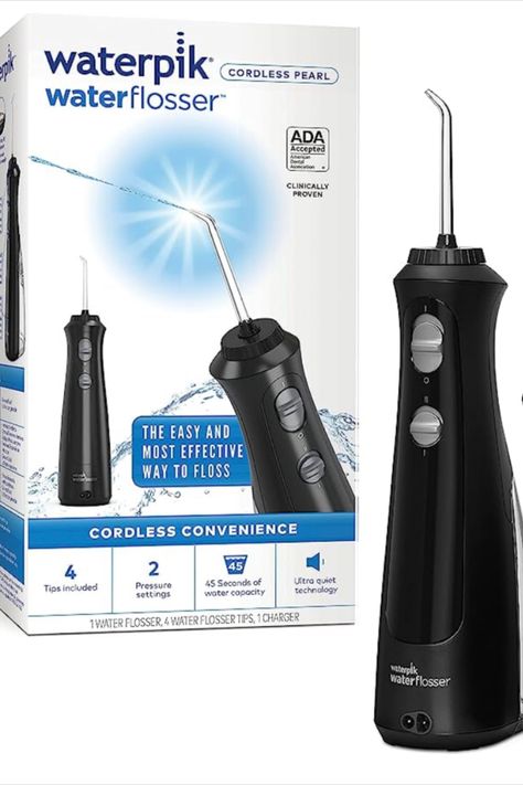 Waterpik Cordless Pearl Water Flosser Rechargeable Portable Water Flosser for Teeth, Gums, Braces Care and Travel with 4 Flossing Tips, ADA Accepted, WF-13 Black Braces Care, Waterpik Water Flosser, Water Pick, Black Packaging, Water Flosser, Amazon Products, White Teeth, Teeth Cleaning, Braces